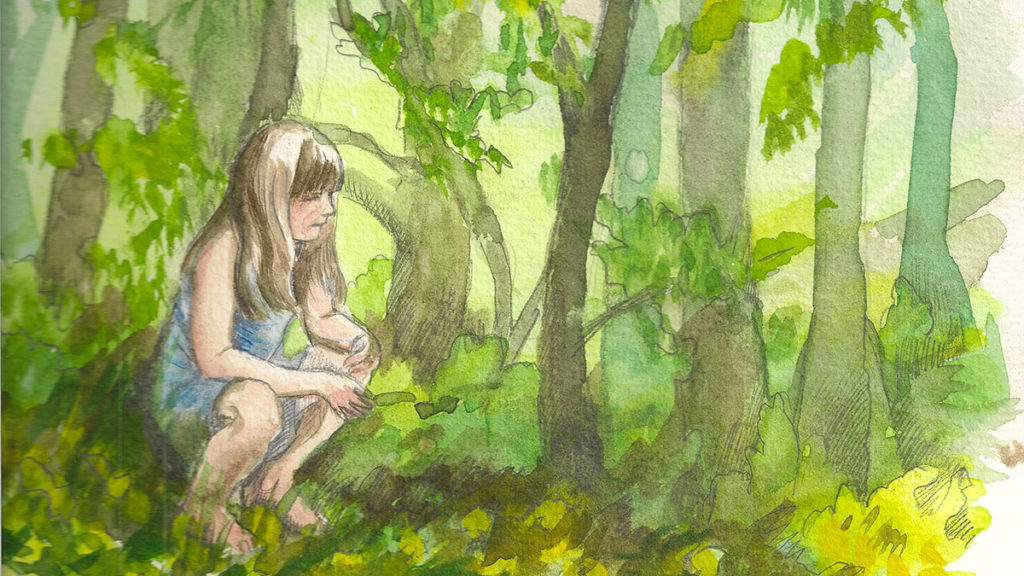 Bilde av jente som sitter på huk i en skog