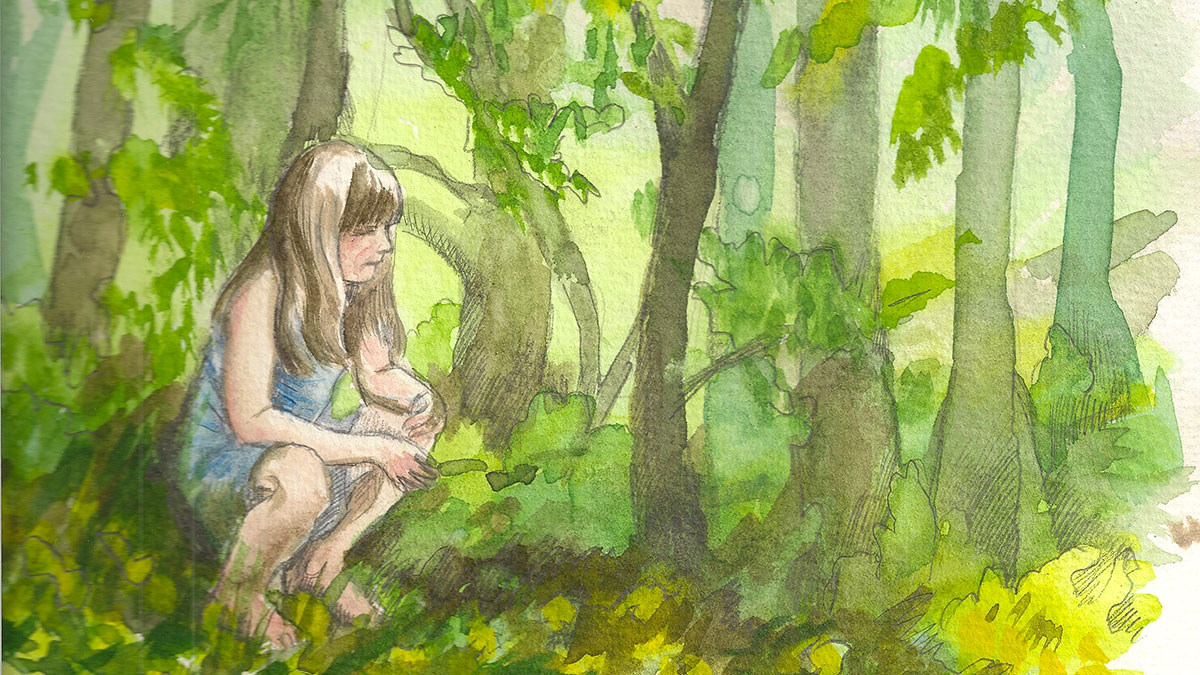Bilde av jente som sitter på huk i en skog