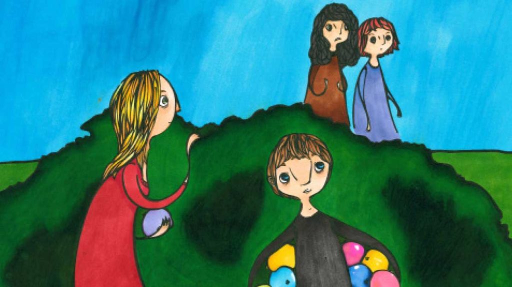 Tegning av autistisk bror og hans søster som ser bort på to jevnaldrene jenter som går forbi