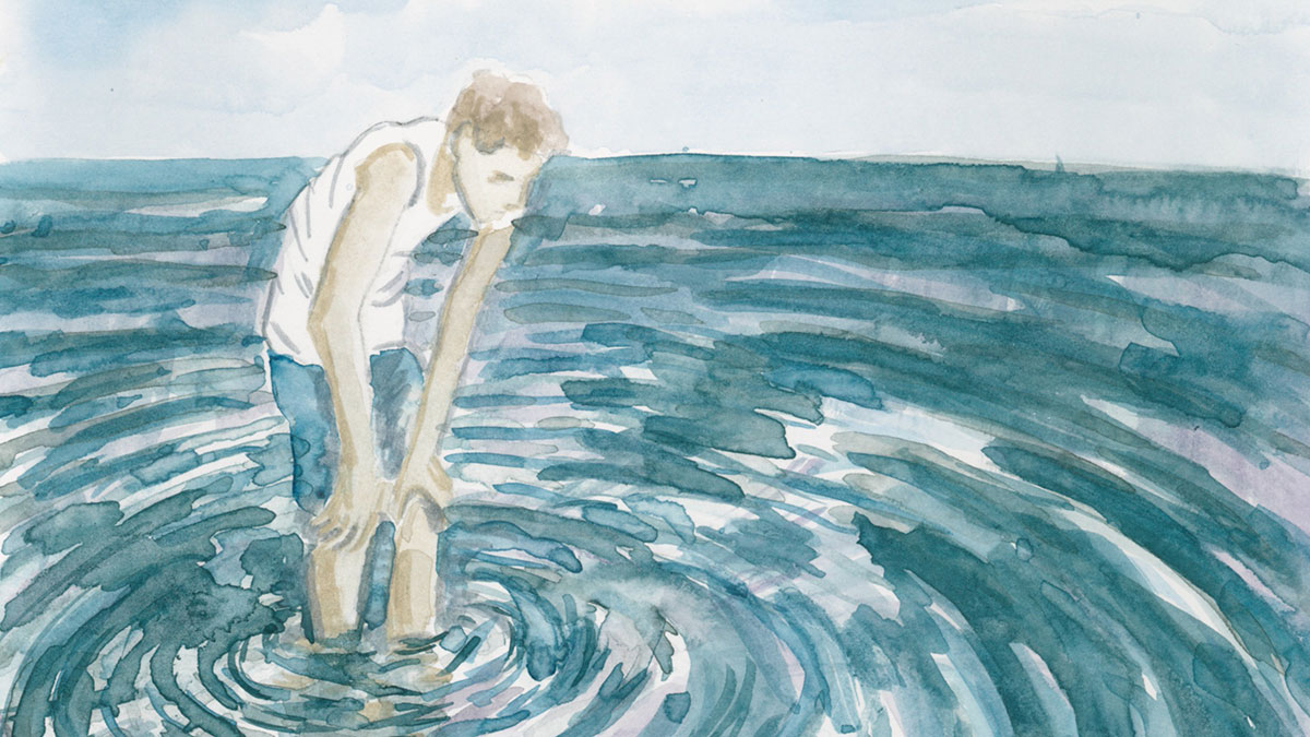 Bilde av gutt som står uti vann og støtter hendene på knærne mens han betrakter ringene av vann rundt seg